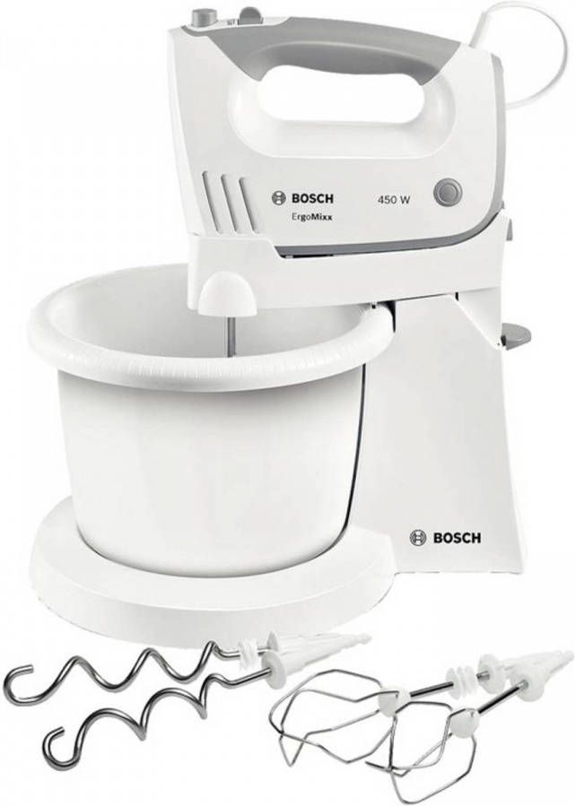 BOSCH Handmixer ErgoMixx MFQ36460 Handmixer, 2 roergardes, 2 edelstalen deeghaken, mengkom plus houder, wit