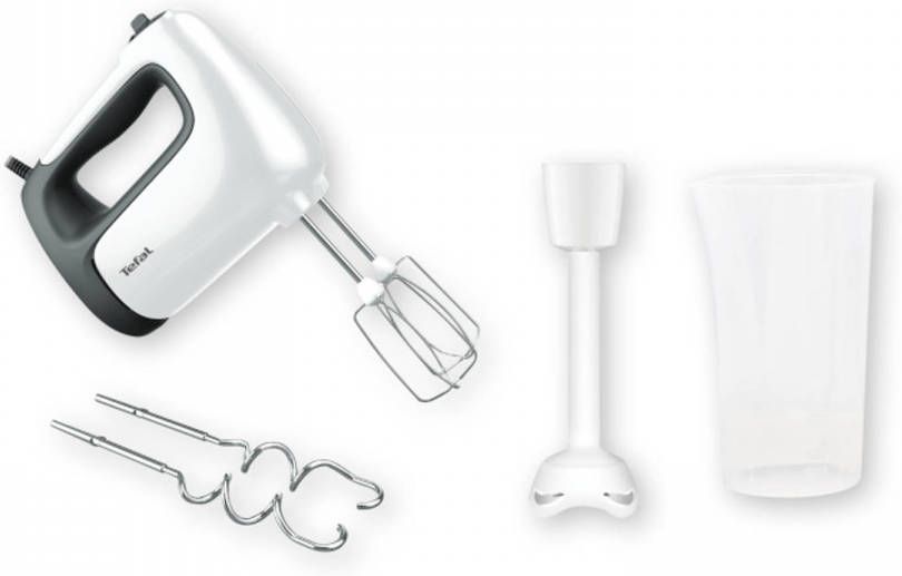 Tefal Handmixer HT4611 Prep'Mix+ ideaal voor lichte en taaie bereidingen, krachtige 500 w motor, 5 snelheden, turbofunctie, 2 roergardes, 2 deeghaken, pureerstaaf opzet