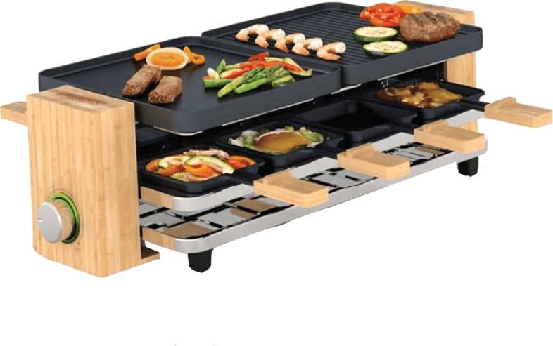 Princess 162910 Raclette Pure 8 Gourmetstel Uniek Parking Deck Voor Pannetjes Bamboe Behuizing