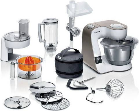 BOSCH Keukenmachine MUM5XW40 MUM5 geïntegreerde weegschaal, professionele patisserieset, continu rasp en snijapparaat, 4 raspschijven, vleesmolen, citruspers, wit/champagne