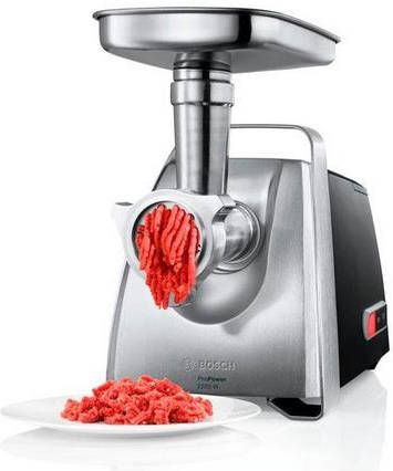 BOSCH Vleesmolen ProPower MFW68660 elektrisch, worstopzet, 3 edelstalen gat schijven, stopper, kibbeh opzet, continu rasp en snijapparaat, zwart